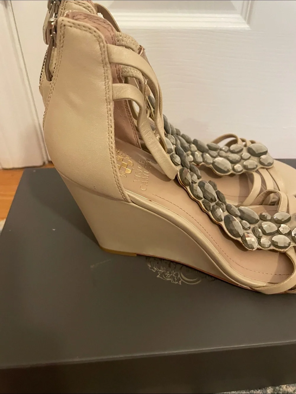 Vince Beige Jeweled T-Strap Wedge Sandals